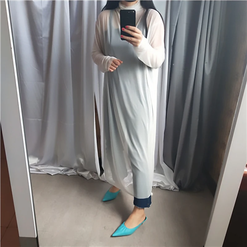 [EAM] New Autumn Winter High Collar Long Sleeve Black Mesh Perspective Colorful Long Big Size Dress Women Fashion JU790
