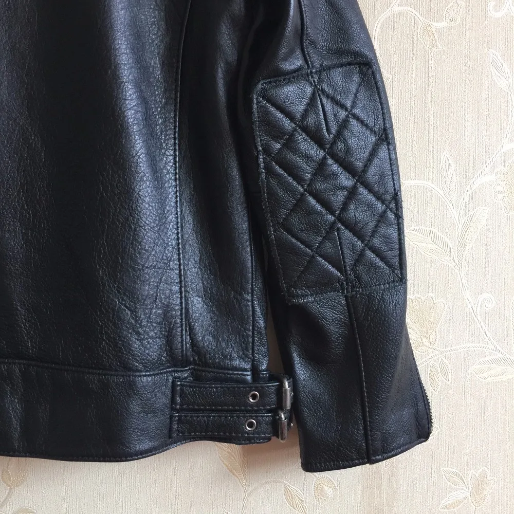 Винтажная Черная Мужская Байкерская кожаная куртка размера плюс XXXL из натуральной воловьей кожи Зимняя облегающая кожаная мотоциклетная куртка