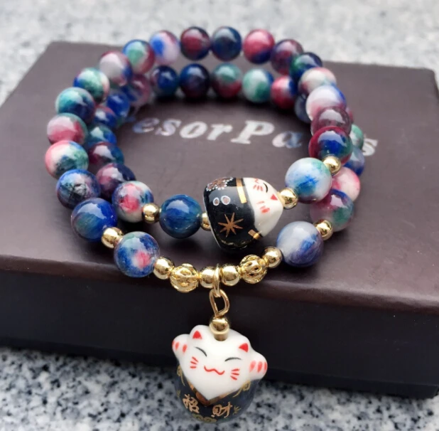 Lucky Cat натуральный камень браслет милый кот очарование Кристалл бисер браслеты для женщин Многослойные ювелирные изделия женские