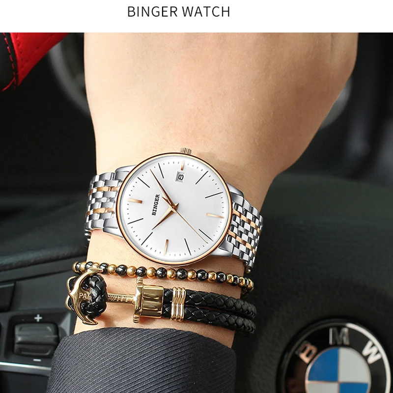 

Genuine Switzerland BINGER Brand Men Stainless Steel Automatic Mechanical Male self-wind Simple Cruve Surface Ultrathin Watch