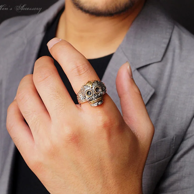 ZABRA 925 Sterling Silver Skull Gold Color Cross Ring for Mens Vintage Punk Rock Gothic Bague Argent Men Jewelry Anel Masculino | Украшения