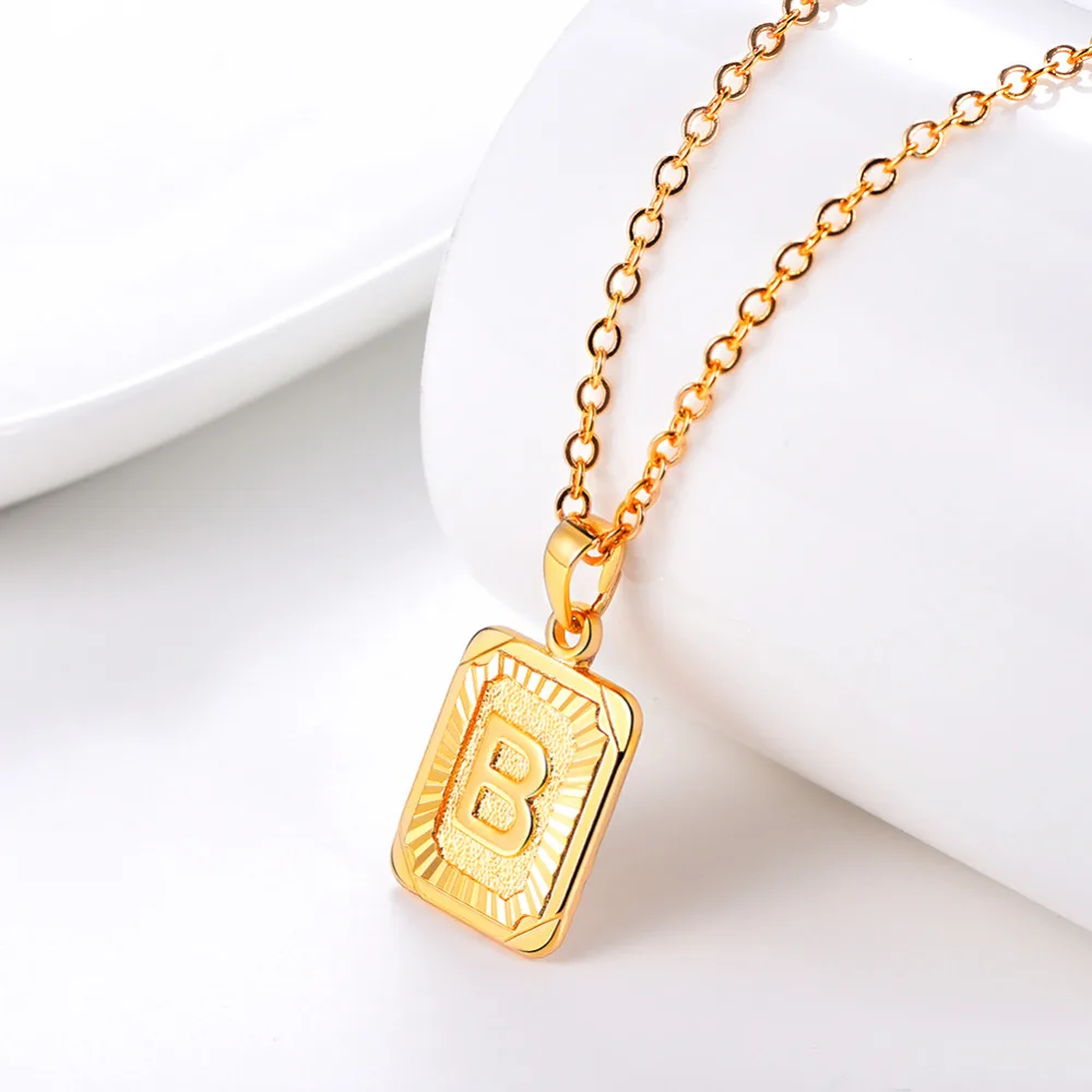 U7 Square Letters Necklaces Pendant Chain Necklace for Women Men English Initial Name Alphabet Jewelry Best Birthday Gifts P1196