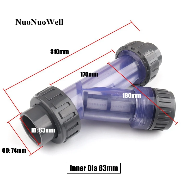 Inner Dia 63mm 1 шт. прозрачный НПВХ y-тип фильтр аквариумный аквариум адаптер для ПВХ труб оросительные фильтры садовые водопроводные соединители - Цвет: Inner Dia 63mm