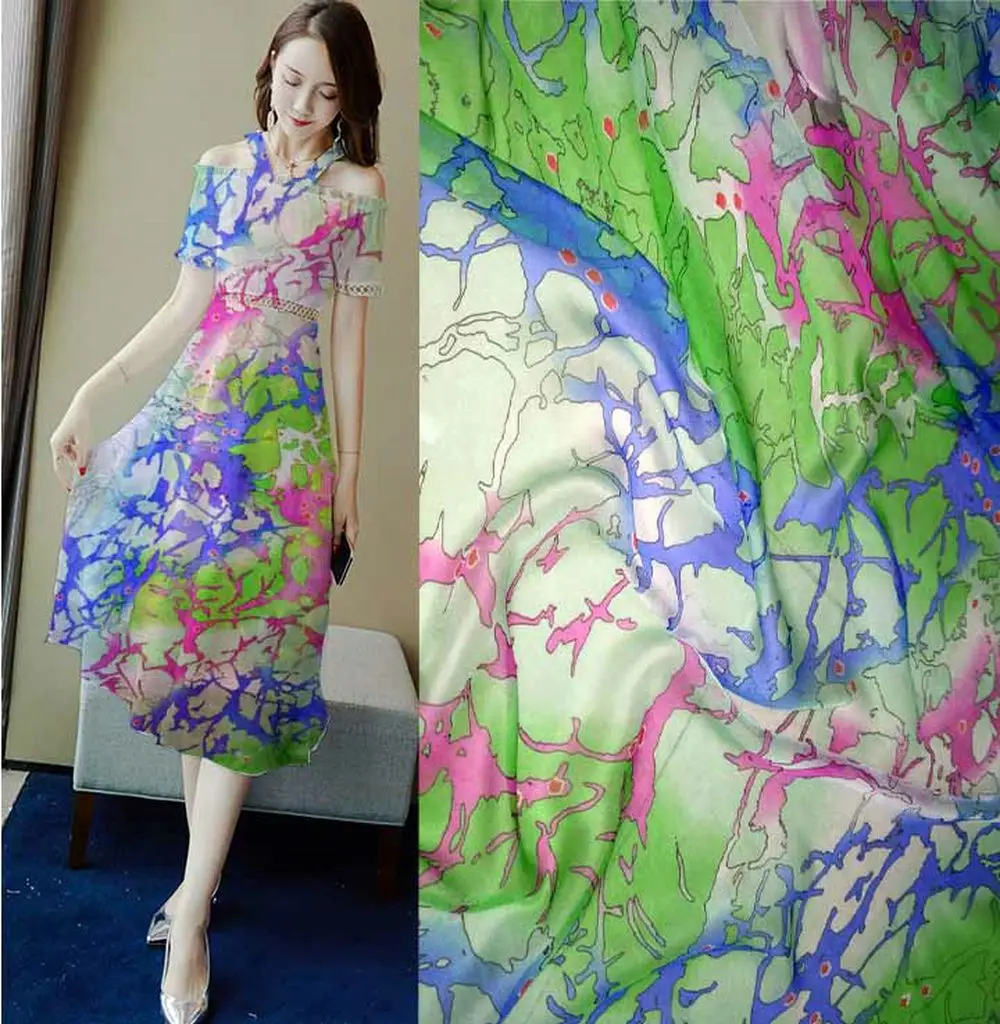 Фото Шифоновая ткань для шитья белый текстиль занавесок тюль платья 100% шелк с принтом