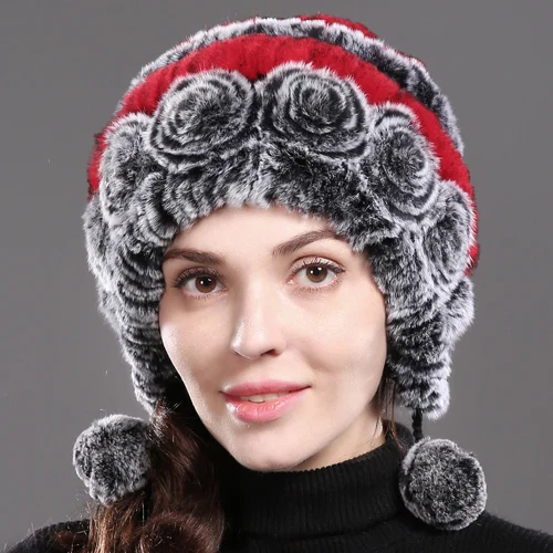 gray and red Новые женские цветы настоящий мех кролика шапки вязаные в полоску из натурального кролика рекс меховая шапка зимняя теплая Женская Настоящий мех кролика шапка - Цвет: gray and red