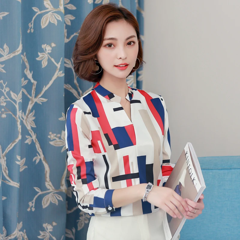 Женский Осенний геометрический узор с v образным вырезом и длинными рукавами