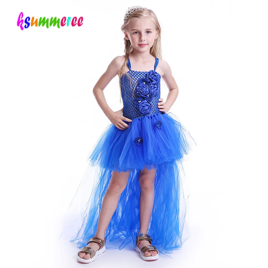 

Kids Blue Flower Long Tail Tutu Dress 2018 new Baby Girl Floral Elegant Costume Princess Wedding Ball Gown Baby Birthday TUTU