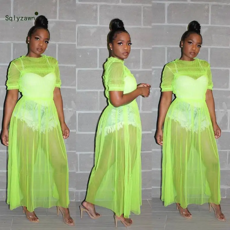 Женское длинное прозрачное платье макси ФЛУОРЕСЦЕНТНОЕ Плиссированное пляжное