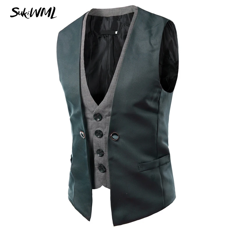 Gray SUKIWML, новинка, мужской жилет, Свадебный, приталенный, Faker, две части, Colete Social Masculino, мужской двойной жилет, вечерние, жилет, костюм для мужчин - Цвет: Gray