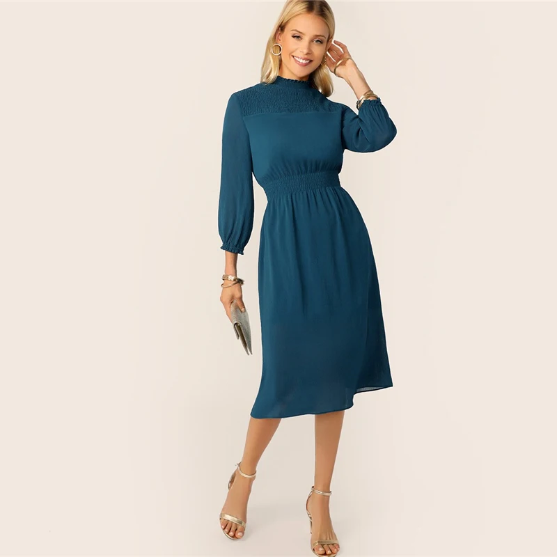 SHEIN Стильное Платье Со Стоячим Воротником Женское Синее Классическое Платье С Длинными Рукавами