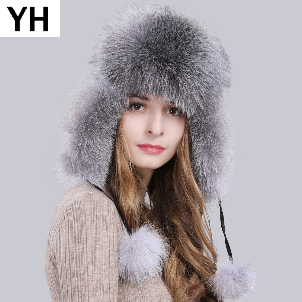 Женская уличная шапка ушанка из натурального меха лисы Русская Шапка зимняя