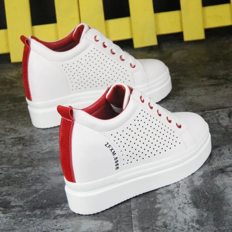 

White Platform Leather Shoes Hidden Heel 10CM Wedge Sneakers Summer High Quality Fashion Hollow Breathe Ladies Casual Sneakers