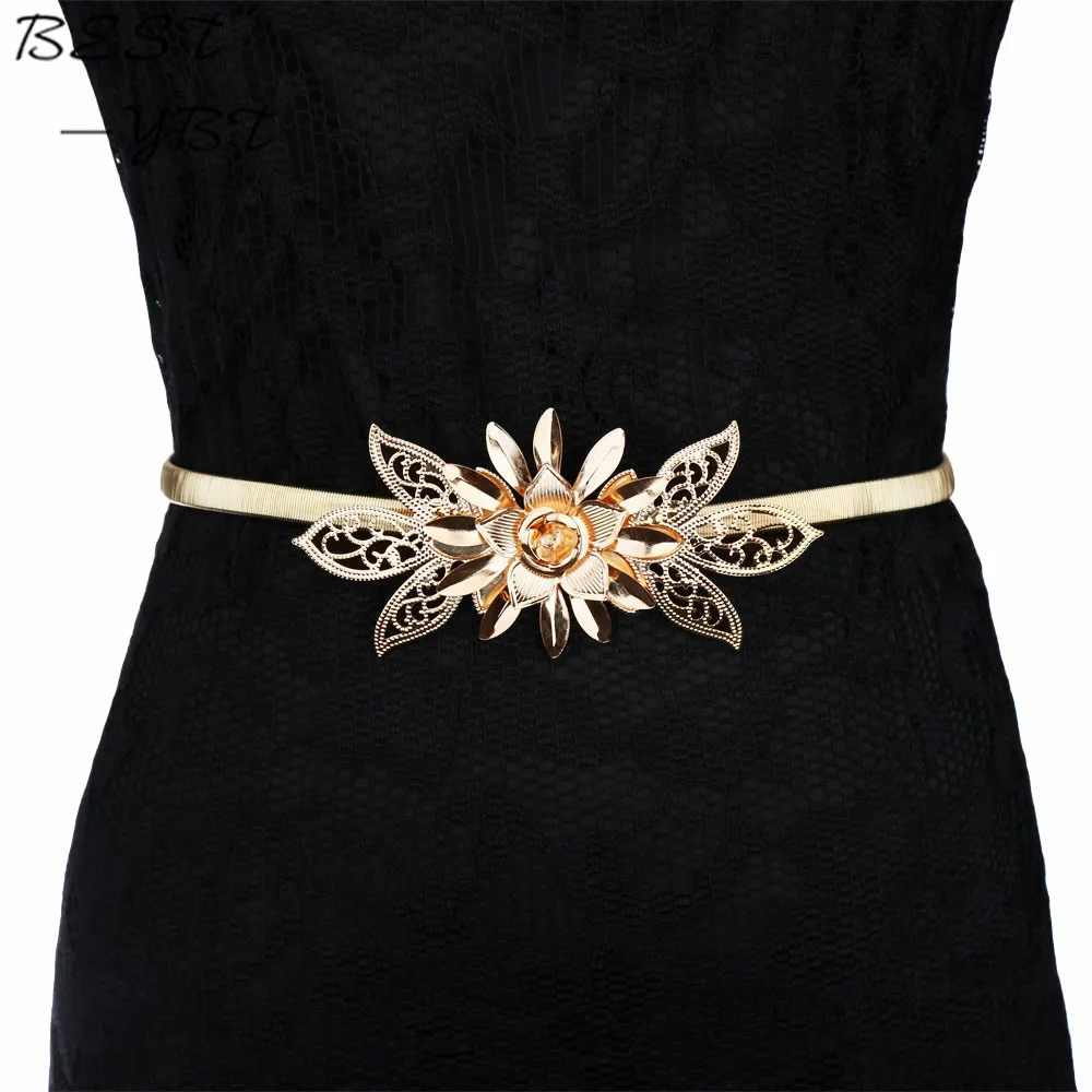 

2019 Fashion Flower Brand New Metal Chain Belts For Women Embellishment Elastic Waist Strap Belt All-Match Cummerbund Gold