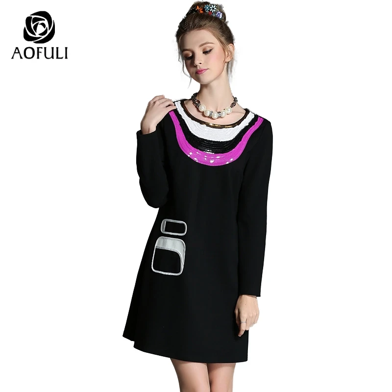 AOFULI S Xxxl 4xl 5xl дамское черное платье большого размера весеннее расшитое блестками