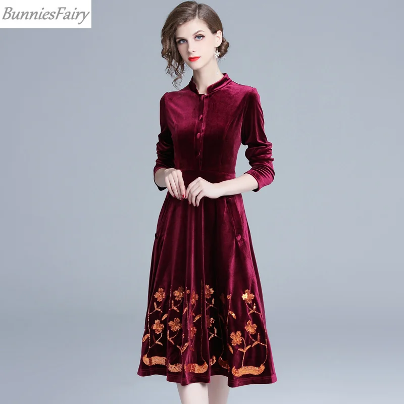BunniesFairy 2019 весеннее женское винтажное вельветовое платье средней длины с