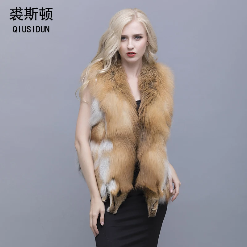 QIUSIDUN Natural Red Fox Fur Vest V Collar 50 Cm Coat Winter Warm Fashion Large Size Woman's Pure Natural Full Pelt Vests Solid