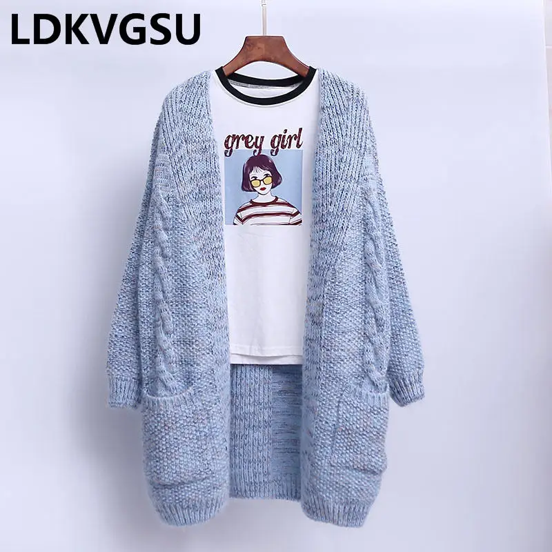 Вязаный свитер кардиган средней длины Осень-зима 2018 новинка женский свободный в