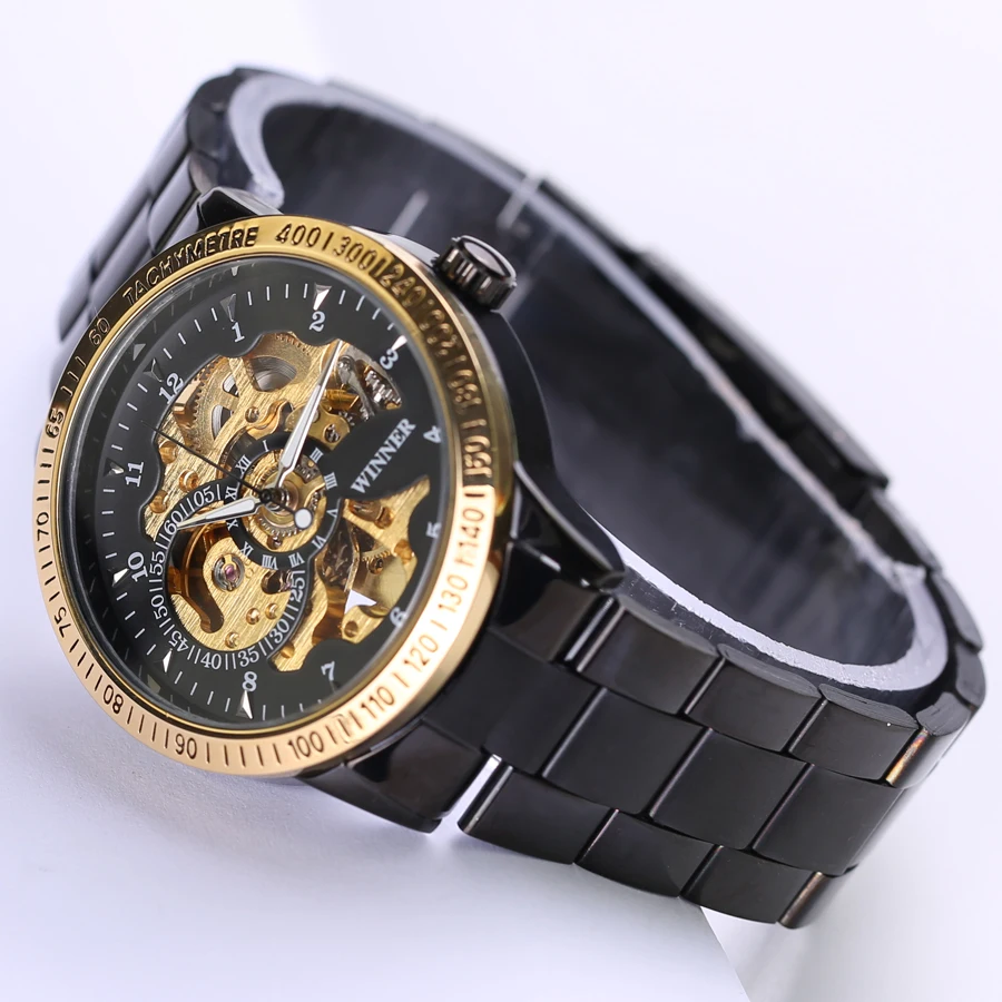 Новинка 2018 мужские наручные часы-скелетоны черного и золотого цвета