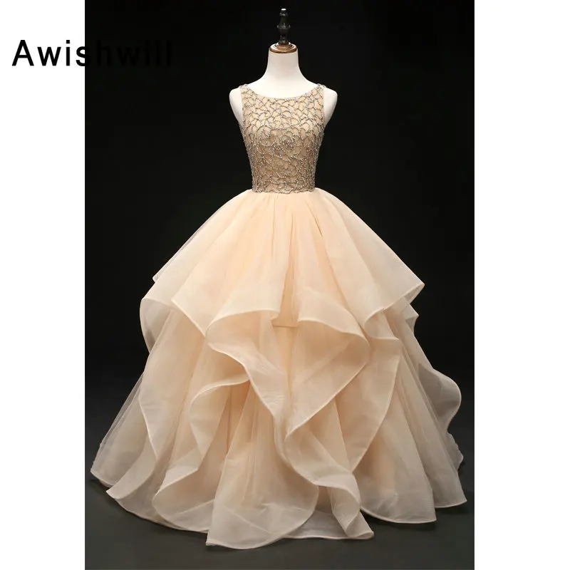 

Custom-made Champagne Long Prom Dress Open Back Beadings Formal Evening Dress Vestidos de Fiesta Largos Elegantes de Gala