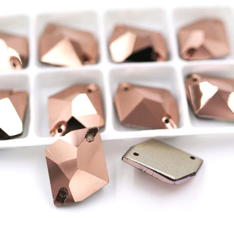 Rose gold Новинка, 13x17 мм, Шестигранная форма, мокко, двойное отверстие, стекло, кристалл, пришивные стразы с плоской задней стороной, для одежды, свадебные украшения - Цвет: Rose gold