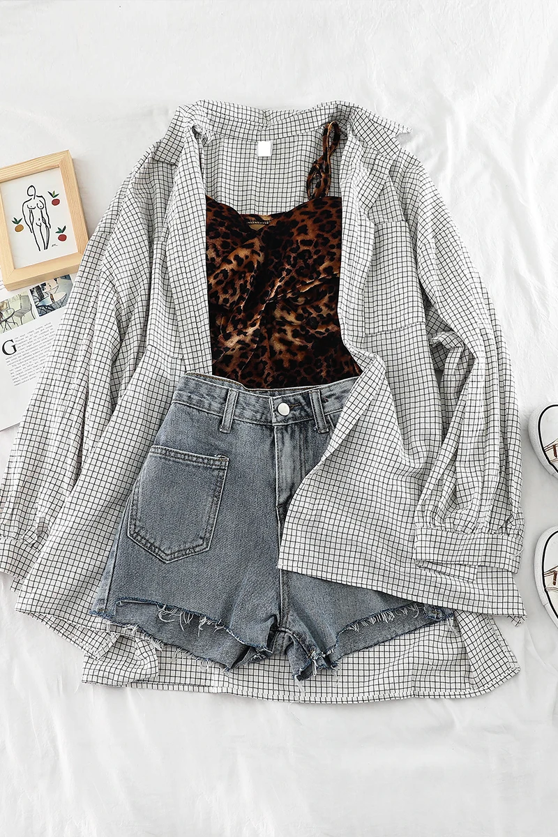 2019 new fashion women's two piece set Cotton plaid shirt sun clothing Leopard gold velvet +denim shorts three-piece female H417 | Женская