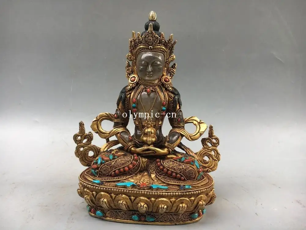 

8.5'' Nepal Bronze Gold 100% Crystal coral turquoise Tathagata Amitayus Buddha
