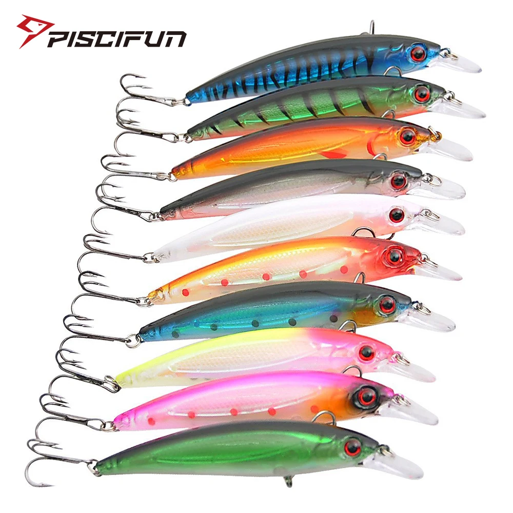 

Piscifun 10 шт. гольян, Рыболовная Приманка 11 см 13,5 г 4 # крюки, твердая наживка для ловли окуня в пресной соленой воде, жесткая наживка для рыбалки