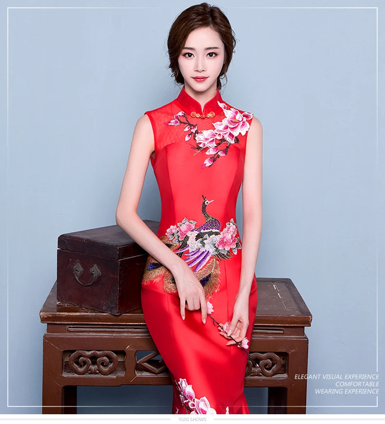 Красные свадебные кружевные традиционные платья для женщин cheongsam китайский стиль длинный Ципао вечернее высокое качество атлас