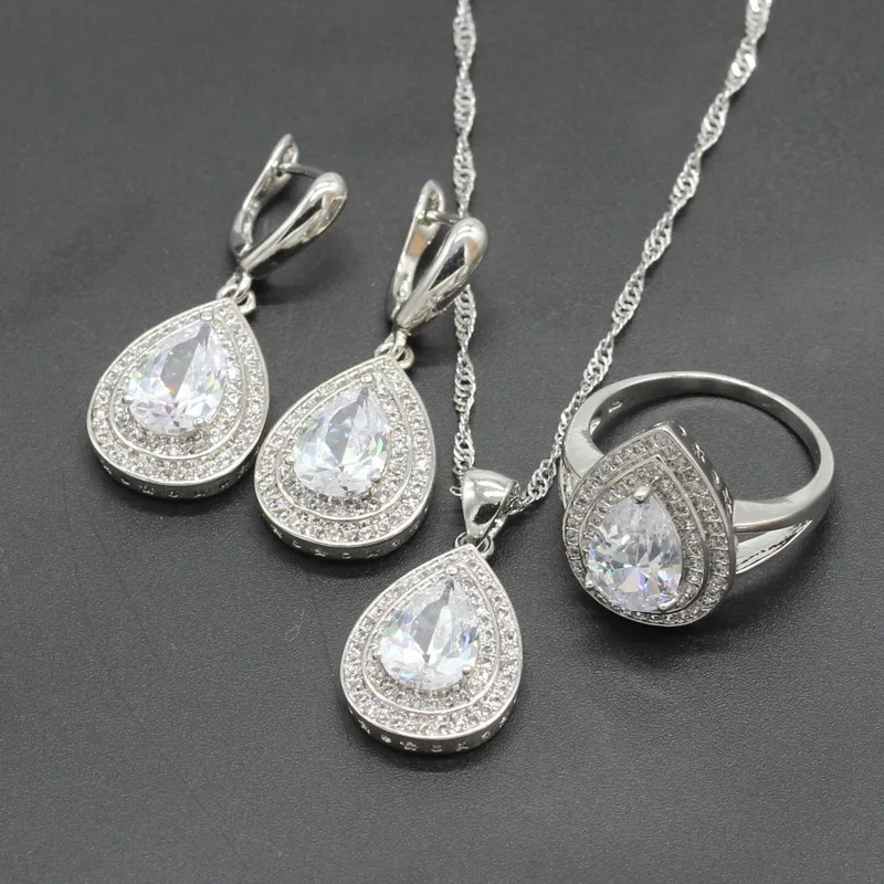 925 Silver Bridal Jewelry Sets Water Drop White Zirconia For Women Wedding Necklace Pendant Bracelet Ring Earrings Rysean | Украшения и