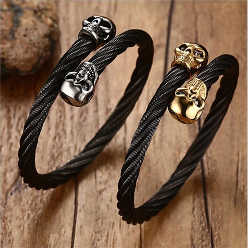 Мужской браслет серебряного цвета панк с черепом черный из нержавеющей стали провод цепочка манжеты