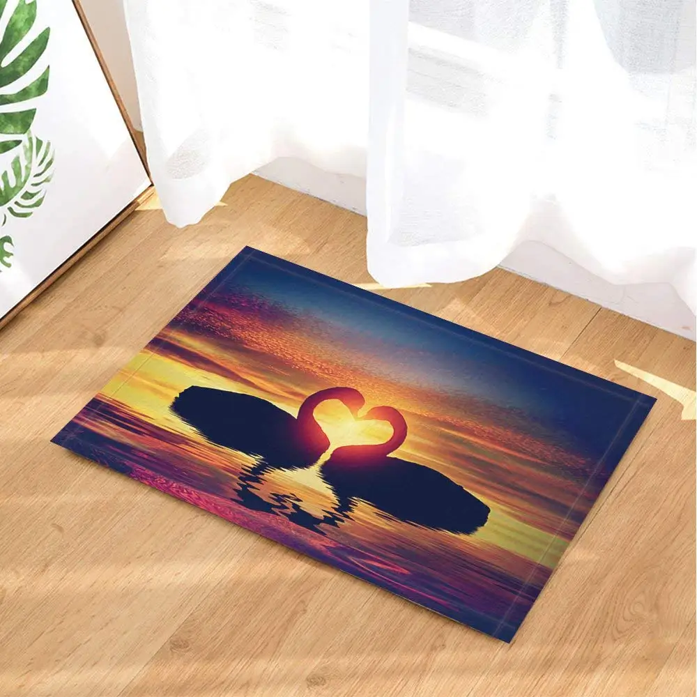 Animals Bath Rugs Two Swans Making a Heart Shape at Sunset Non-Slip Doormat Floor Entryways Indoor Front Door Mat | Дом и сад