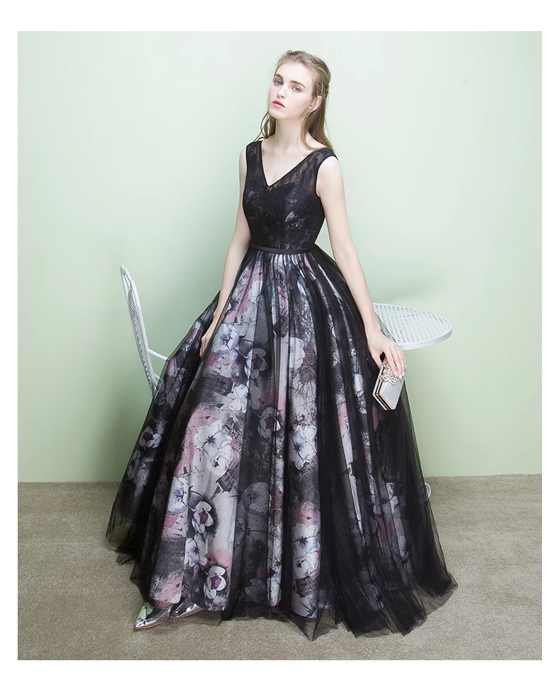 Вечернее платье 2017 кружевное длинное с цветочным принтом Princessally V образный вырез