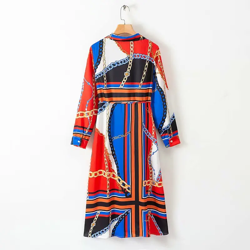 2019 New women vintage chain colorful striped print casual slim midi dress ladies chic red vestidos long sleeve dresses | Женская одежда