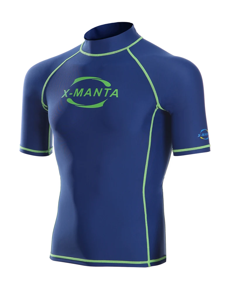 Лето 2016 короткий рукав Рашгард купальный костюм для мужчин синяя надпись