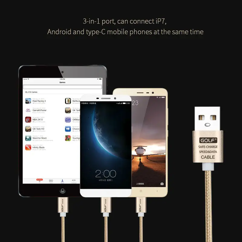GOLF 3 в 1 Micro Type-C USB кабель зарядное устройство для IPhone 7 6 6s Plus 5S SE Samsung Xiaomi Huawei Android Phone