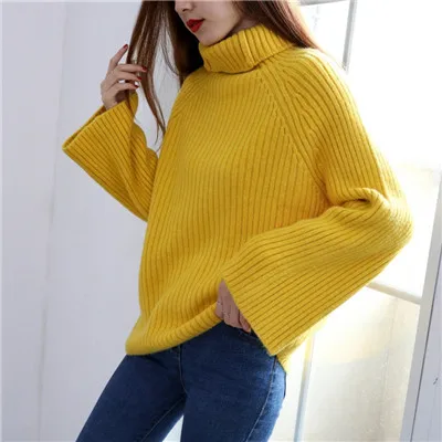 Yellow XIKOI осенние женские свитера с высоким воротом, свободный размер, Длинные свободные пуловеры и свитера с расклешенными рукавами, модные вязаные свитера, джемперы - Цвет: Yellow