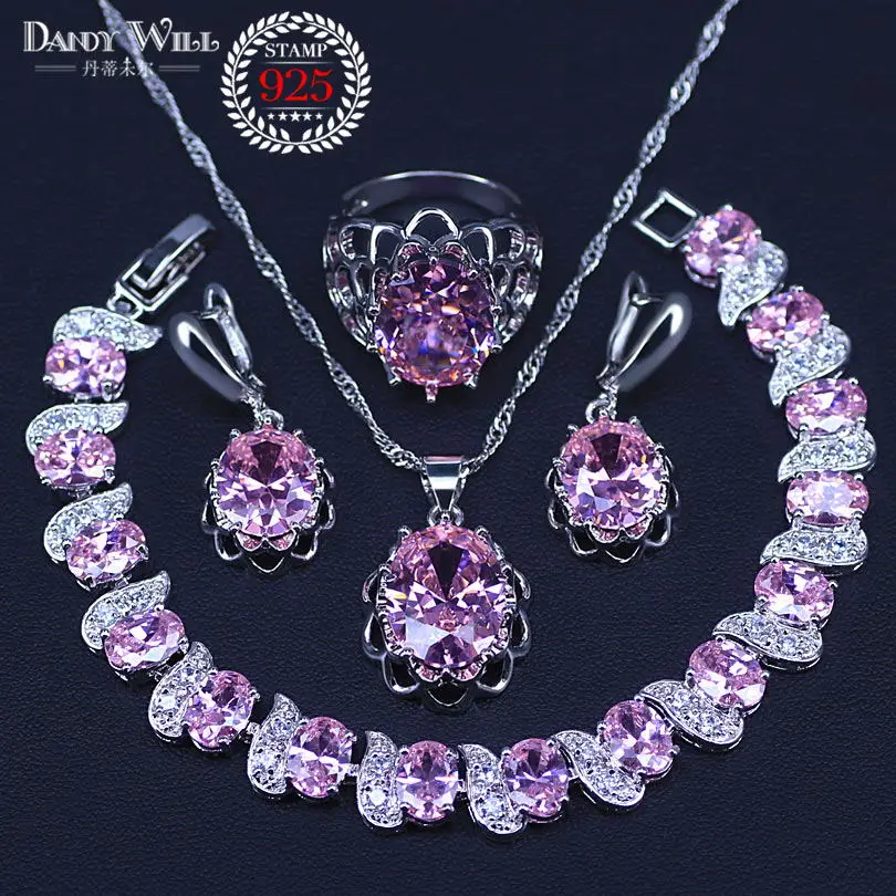 Bracelets Sets Потрясающий подарок, розовый кристалл, серебро 925, костюм, набор украшений для женщин, браслет, подвеска, ожерелье, серьги, кольцо, набор для женщин - Окраска металла: Bracelets Sets