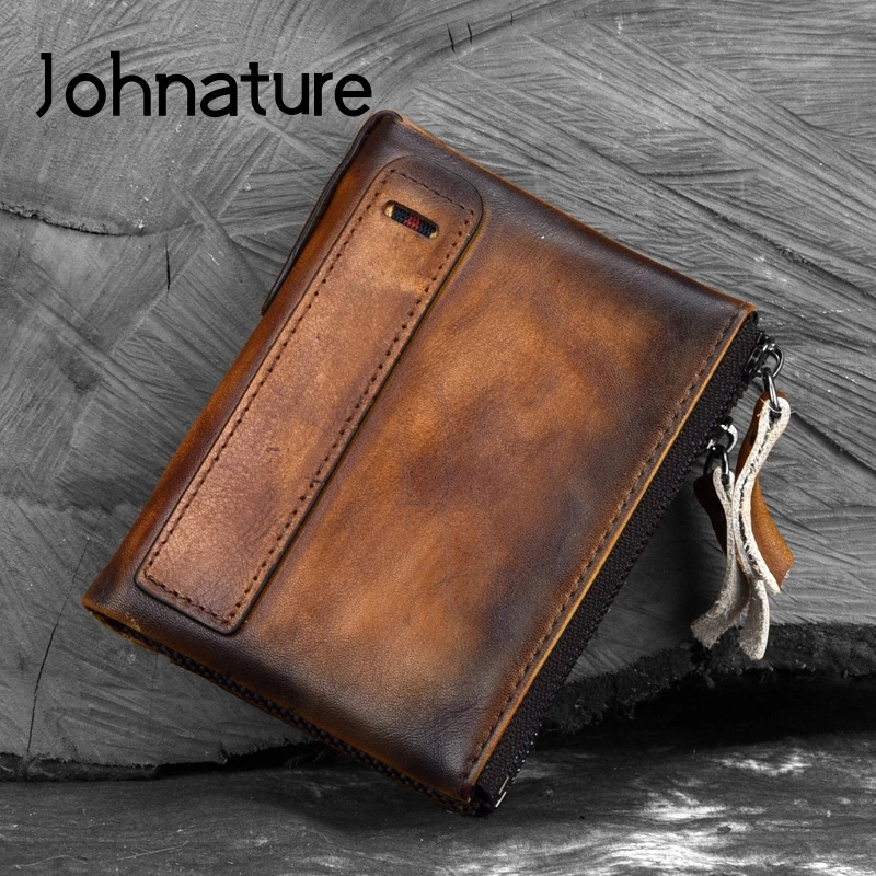 

Johnature 2021 New Retro Short Men Wallets Genuine Leather Large Capacity Double Zipper Handmade Purse Wallet Card Holder Unisex