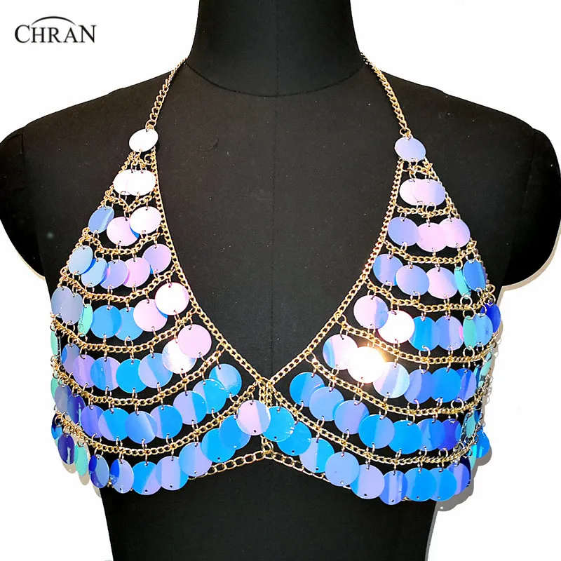Chran Seascale Mesh Bra Bralet Womens Sequins Metal Chain Crop Tops 2018 Summer Harness Halter Necklace Nightclub Party Jewelry | Украшения