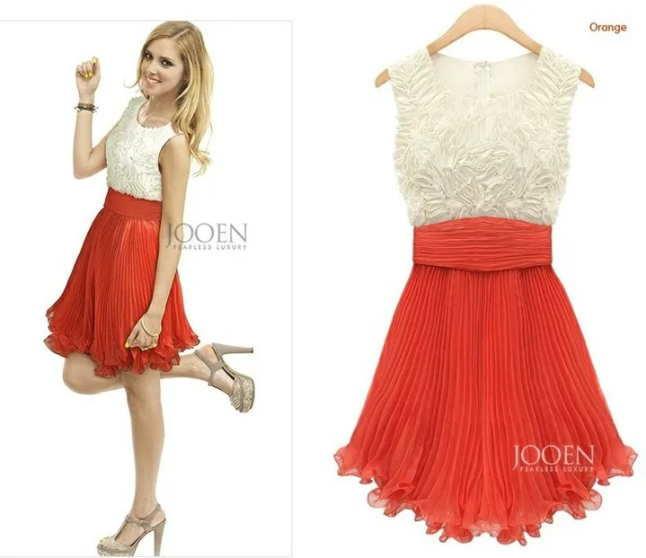 Free shipping the new 2013 embroidered chiffon color matching round collar sleeveless dress 2 colors|chiffon bridemaid dress|chiffon yellow