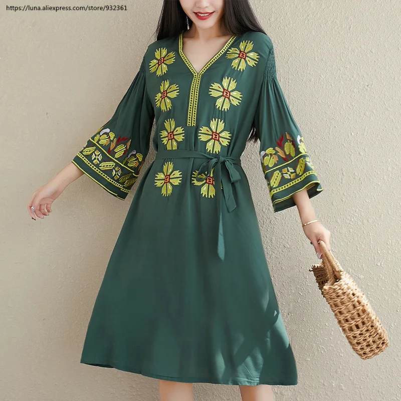 Винтажная Цветочная вышивка блузка длинное платье boho женские платья осень лето