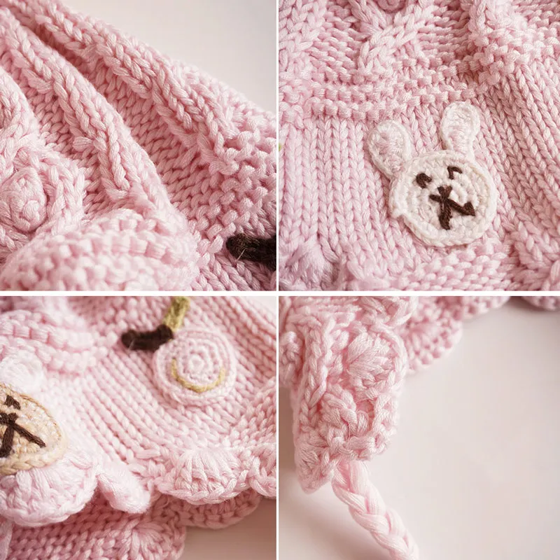 Cotton Knit Baby Girl Hat Sweet Princess Pink Earflap Cap Crocheted Autumn Winter Warm Bonnet With Cute Pompom Lovely Pattern | Детская