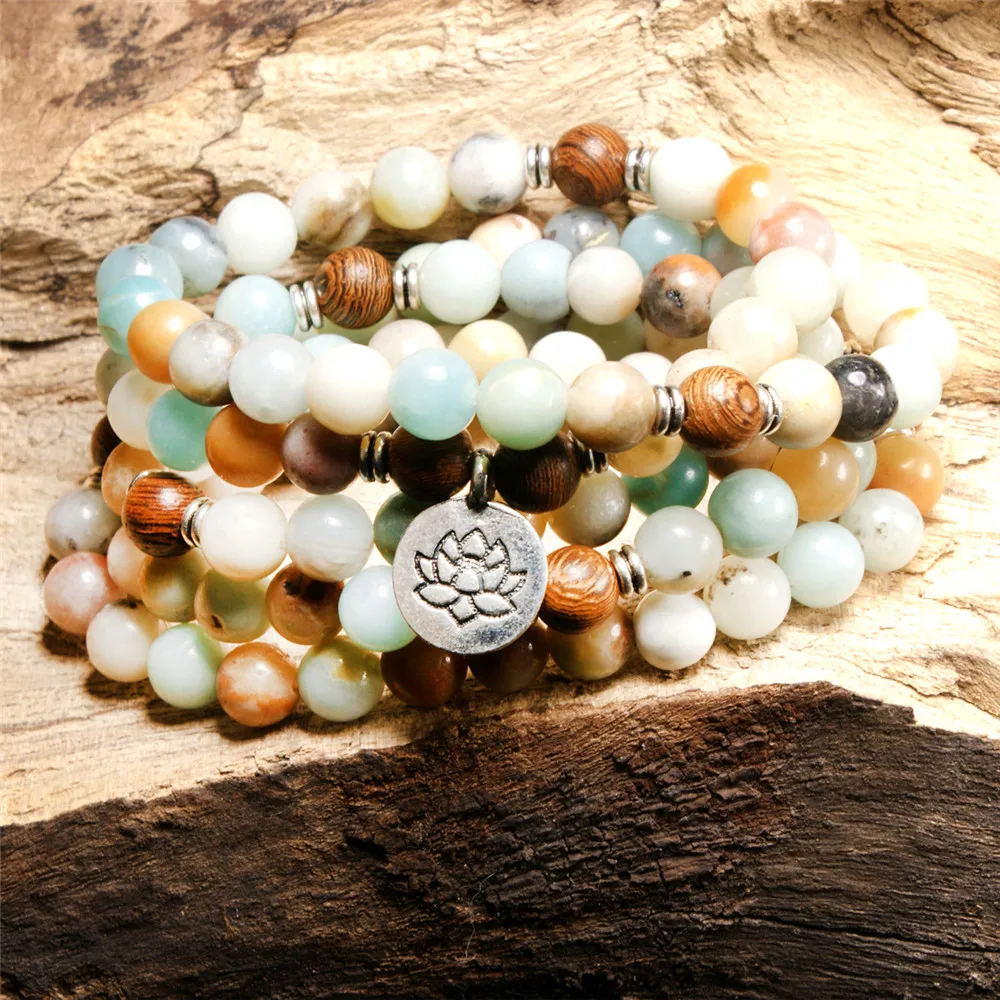 New Design Yoga Lotus Pendant Bracelet Natural Amazonite with Wood Beads 108 Mala Trendy Men and Women's Bracelets or Necklaces |