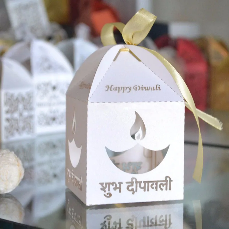 50pcs /lot Happy diwali baptism favor box laser cut sweet with free various ribbons | Дом и сад