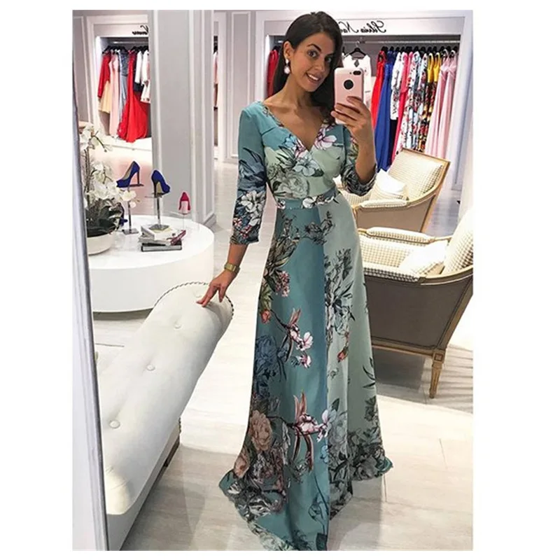 

2019 Women Evening Party Dresses Retro Floral Print Maxi Dress Ladies Patchwork Deep V-Dress Big Swing Dress Vestidos