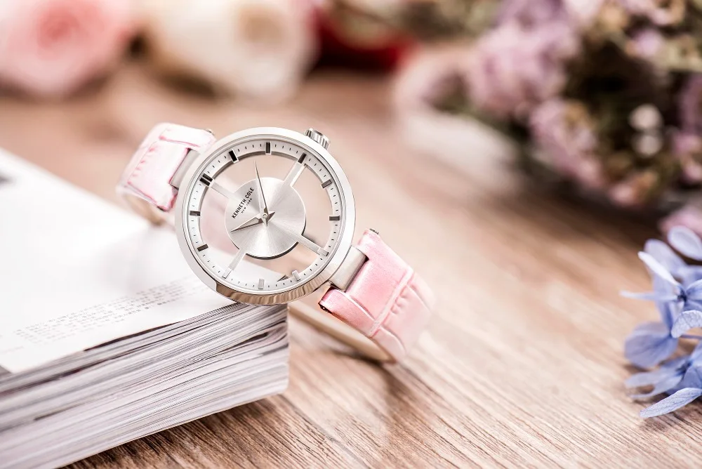 Kenneth Cole женские часы кварцевые с кожаной пряжкой водонепроницаемые розовые полые прозрачные Роскошные Брендовые Часы для женщин KC15004013