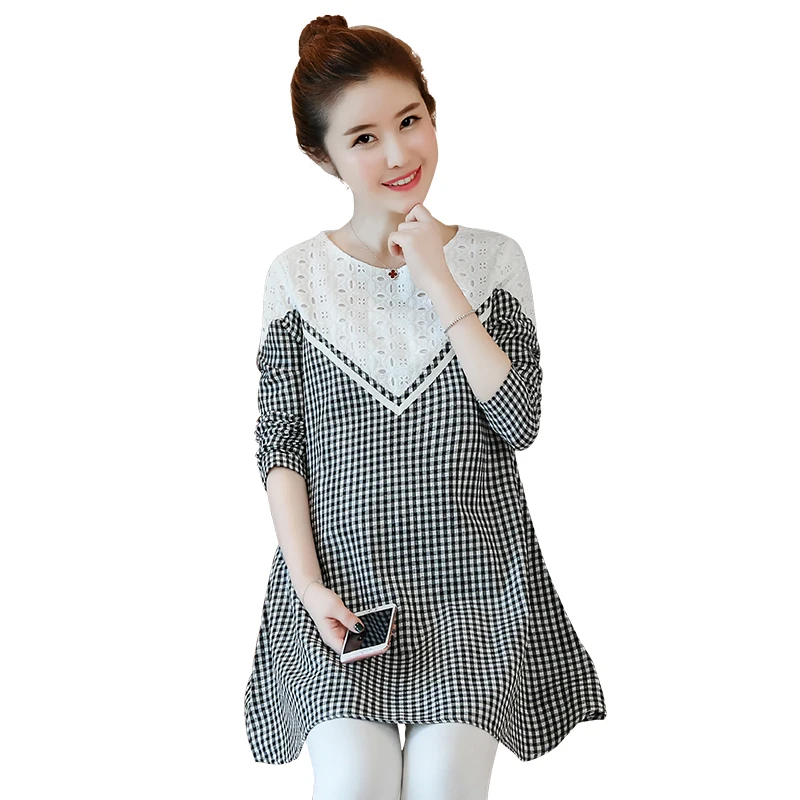 8072 # Осень корейской моды для беременных блузки кружева лоскутное хлопка линии