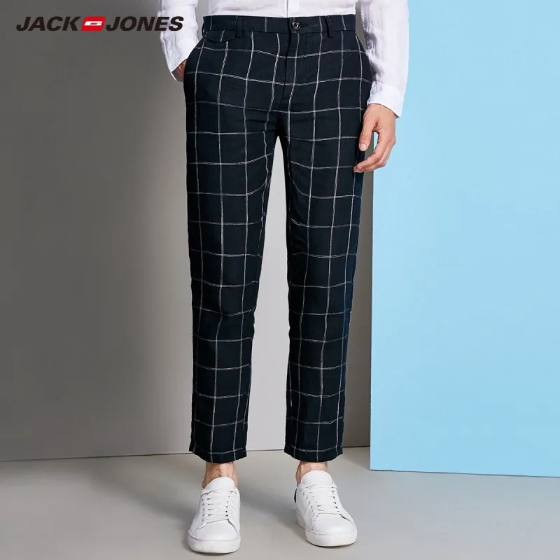 JackJones мужской льняной клетчатый костюм по фигуре повседневные брюки E |