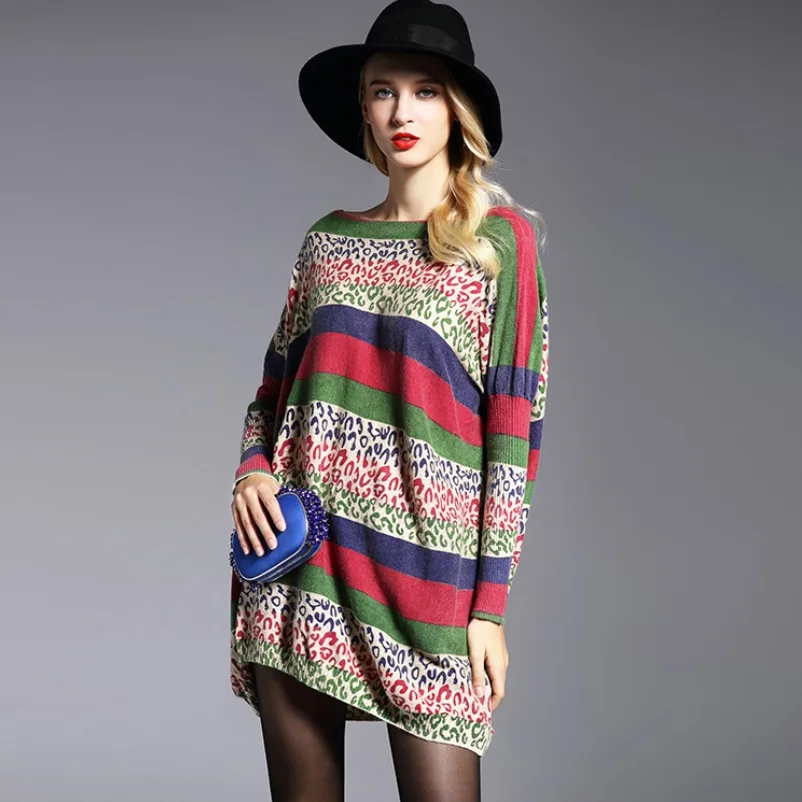

Fashion Women Stripe Leopard Knitting Sweater Slash Neck Batwing Sleeve Contrast Color Pullover Sweater 3Color