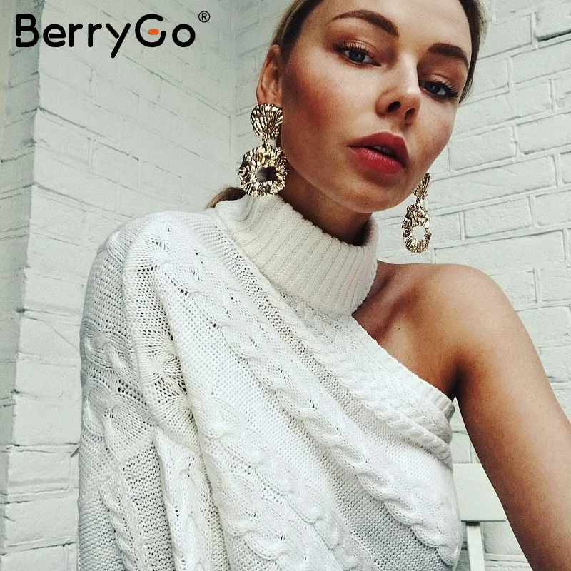 BerryGo водолазка на одно плечо розовый вязаный свитер женский белый с длинным